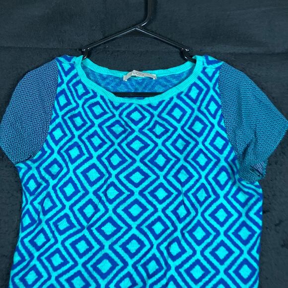 Ann Taylor Loft Womens Shirt Turquoise Geometric Diamond Cap Sleeve Modal S - Picture 2 of 12